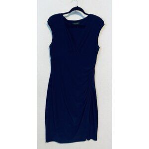 Ralph Lauren Dress Womens 14 Blue Pleated V Neck Cap Sleeve Ruched Sheath Jersey